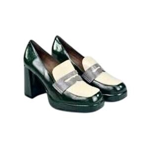 NWT Wonders Spain Forest Green Block Heel Shiny Leather Penny Loafers Pumps